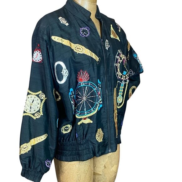 VTG CACHE Silk Bomber Jacket Novelty Watch Pattern S Black 336G - Picture 3 of 6